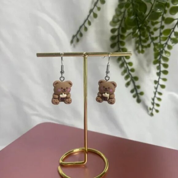 ⭐️❤️ FREE Bear Drink Boba Cute Coffee Animal Drop Girly Chic Glam Artsy Earrings - Picture 5 of 8